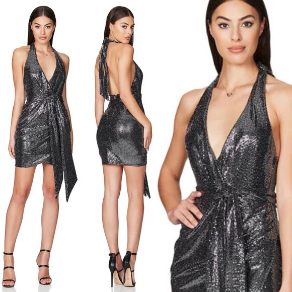 New! Nookie Bellagio Metallic Gunmetal Sequins Mini Dress NWT 37638 - Picture 1 of 14